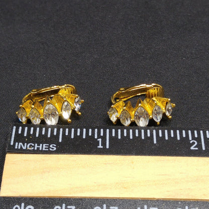 Christian Dior Half Hoop Marquise Cut Rhinestone Clip Earrings, 1970s Vintage Jewelry