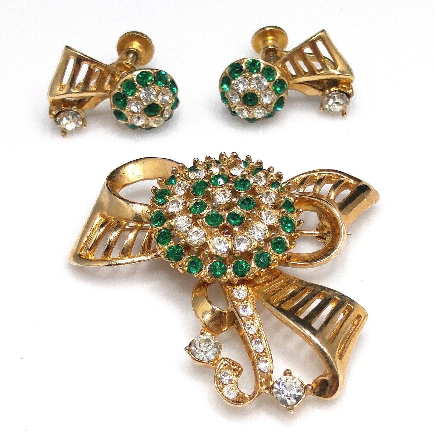 Green Rhinestone Brooch & Earrings, Gold Plated, 1940s Vintage Jewelry