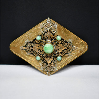 Vintage Brass Sash Pin, Green Marbled Cabochon, Early 1900s Vintage Jewelry