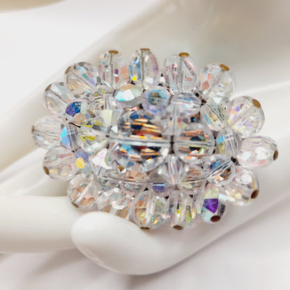 Vintage 1960s Crystal Aurora Borealis Faceted Bead Oval Brooch – 2 Inch Pin