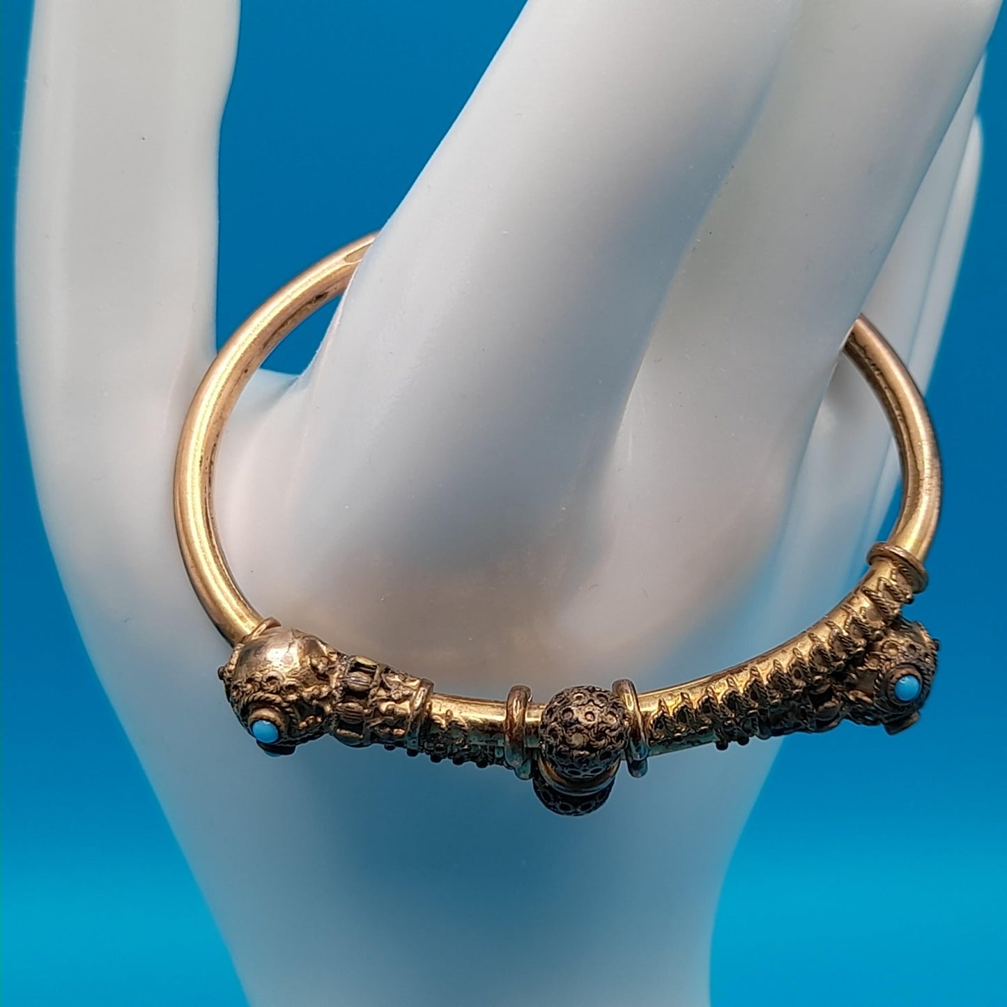 Antique Snake Cuff Bracelet, Gold Filled, Filigree Balls, Turquoise Bead Eyes, Victorian 1800s Jewelry