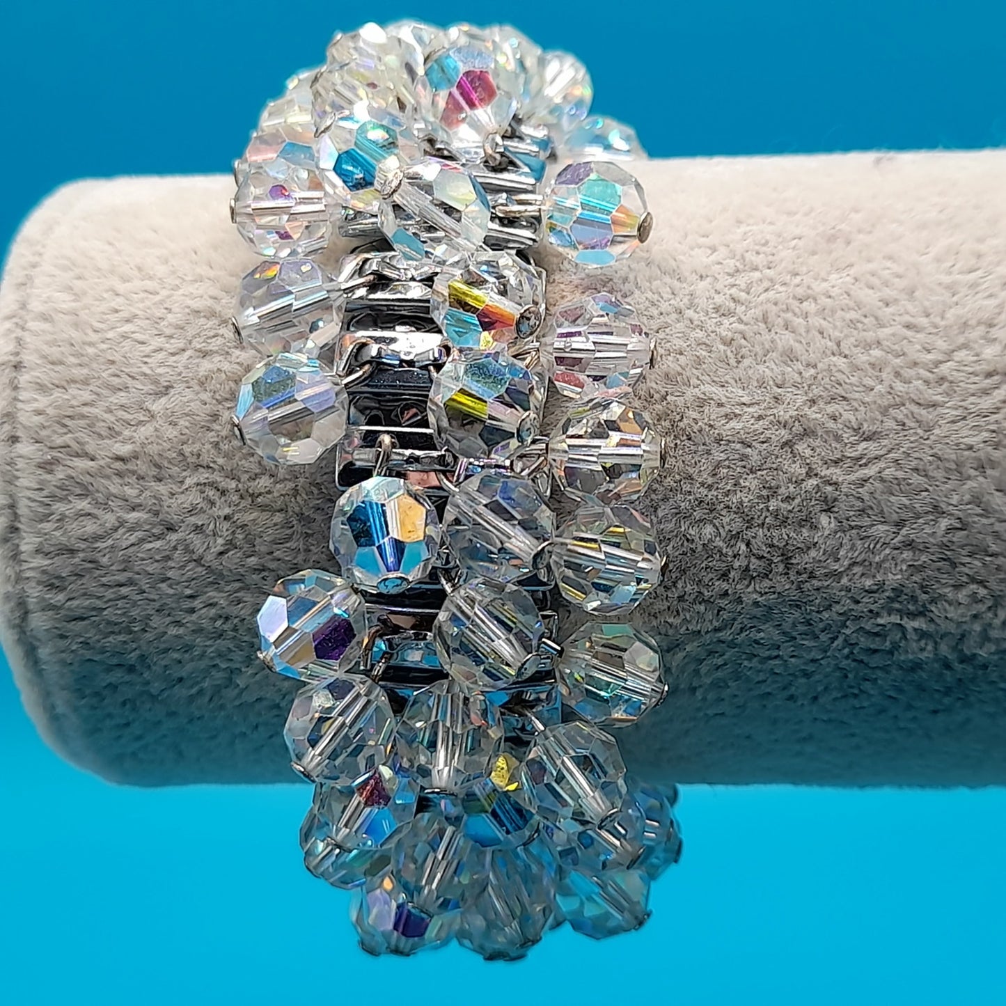 Vintage Japan Expandable Bracelet, Clear Crystal Beads, Cha Cha, 1960s Jewelry