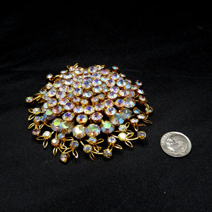 Large Clear Aurora Borealis Brooch, Gold Plated, 1950s Vintage Jewelry