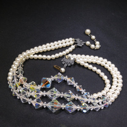Faux Pearl AB Crystal Beaded Necklace, 3 Strands, 1950s Vintage Jewelry
