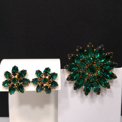 Emerald Green Rhinestone Floral Brooch & Earrings, Gold Plated, 1960s Vintage Jewelry
