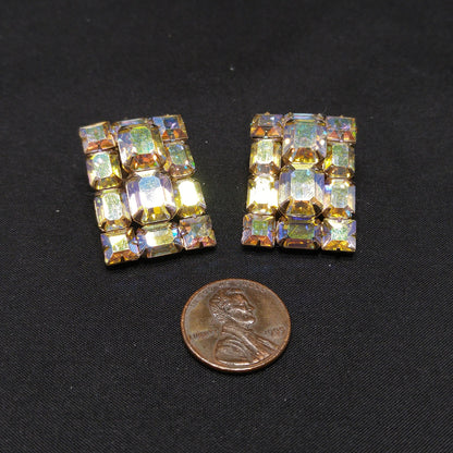 Weiss Aurora Borealis Emerald Cut Earrings, Gold Plating, 1960s Vintage Jewelry