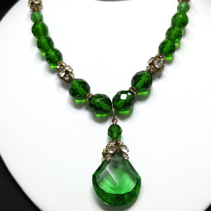 Green Czech Glass Pendant Necklace, Clear Rhinestones, 1950s Vintage Jewelry