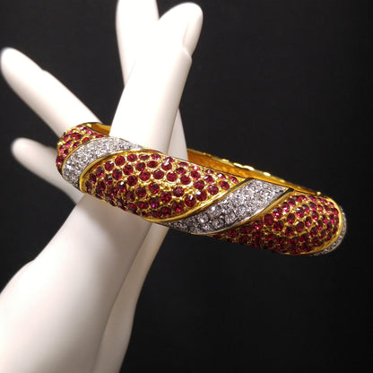 Jackie Kennedy Replica Hinged Bracelet, Camrose & Kross JBK, Red & Clear Rhinestones, 1990s Vintage Jewelry