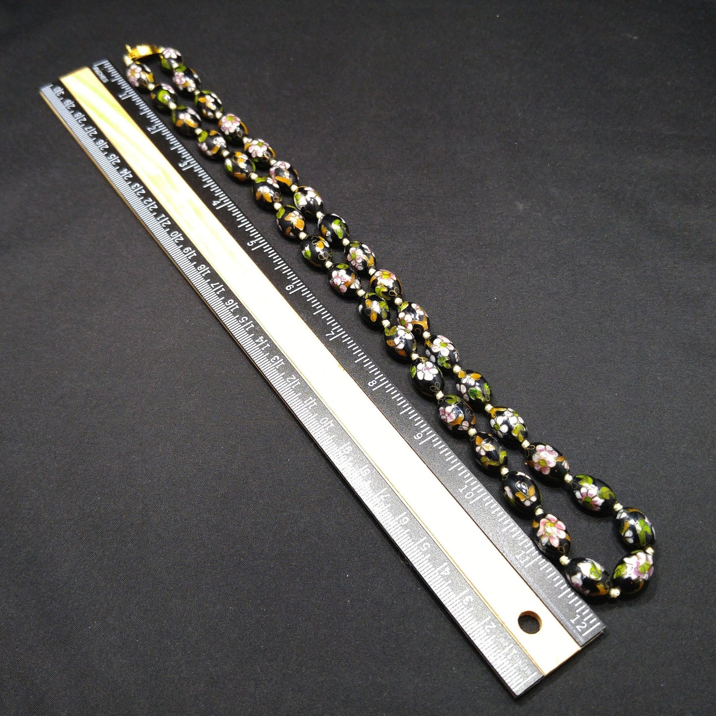 Vintage Cloisonné Beaded Necklace, Black Hand Painted Floral Beads, 1960s Vintage Jewelry