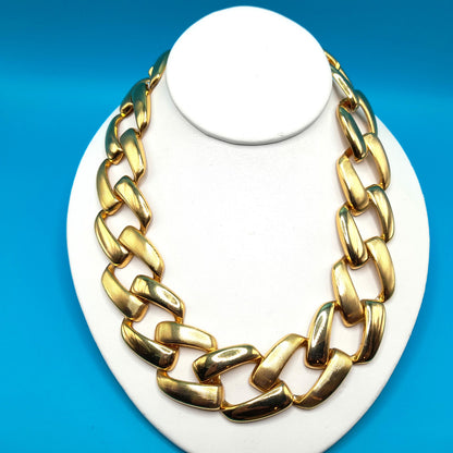 Vintage Chain Choker Necklace, Interlocking Gold Tone, 1980s