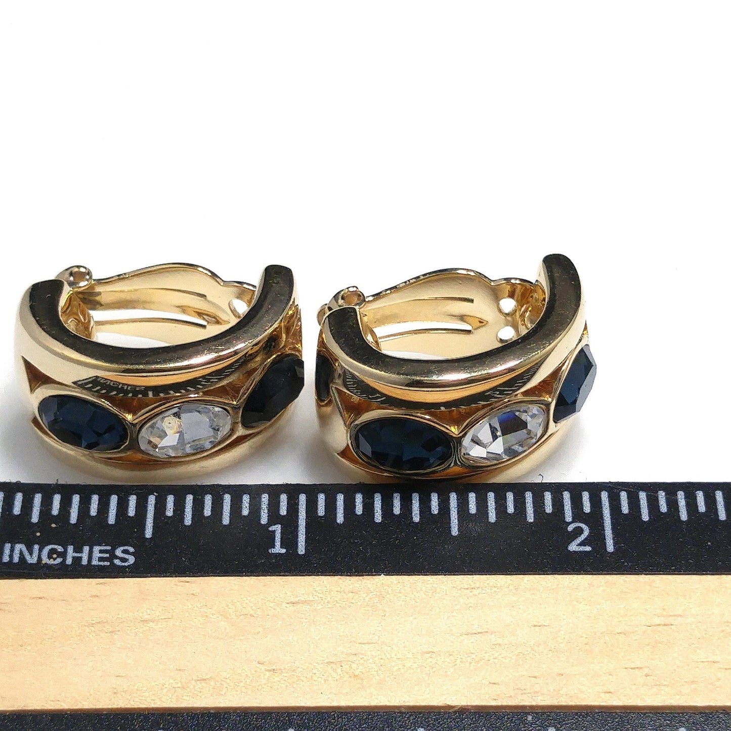 Vintage S.A.L. Swarovski Blue & Clear Rhinestone Clip Earring Hoops