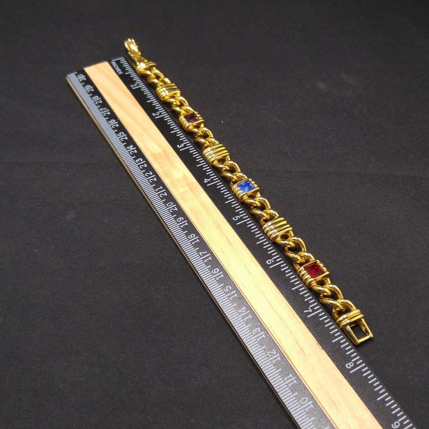 Vintage Swarovski Gold Plated Bracelet – Swan Logo, Red Blue Purple Crystals – 1980s