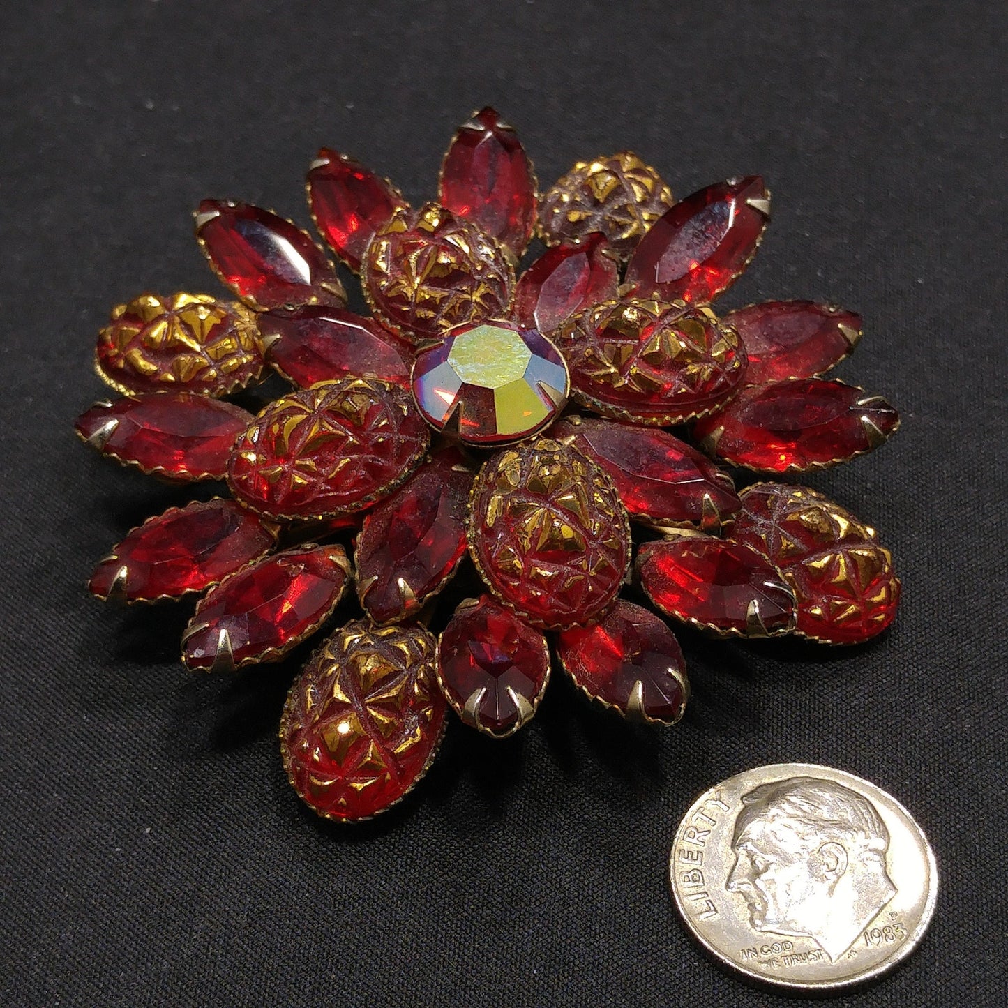 Judy Lee Red Rhinestone Brooch, Red Gold Molded Glass Petals, 1960s Vintage Jewelry