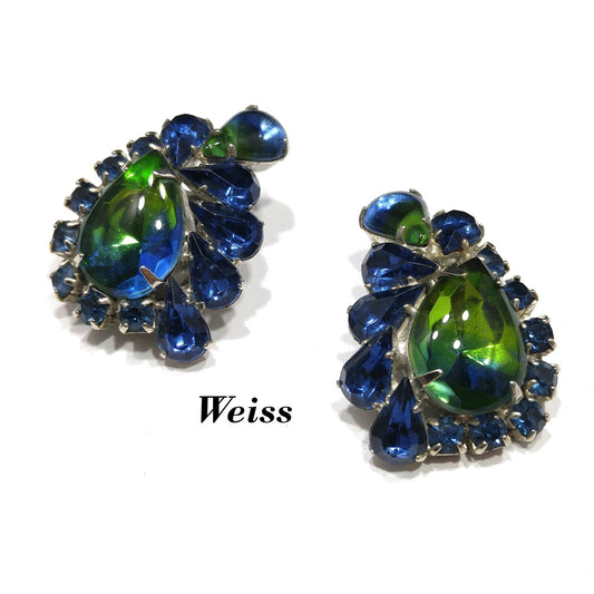 Weiss Blue Green Rhinestone Earrings, Rhodium Plated, 1950s Vintage Jewelry