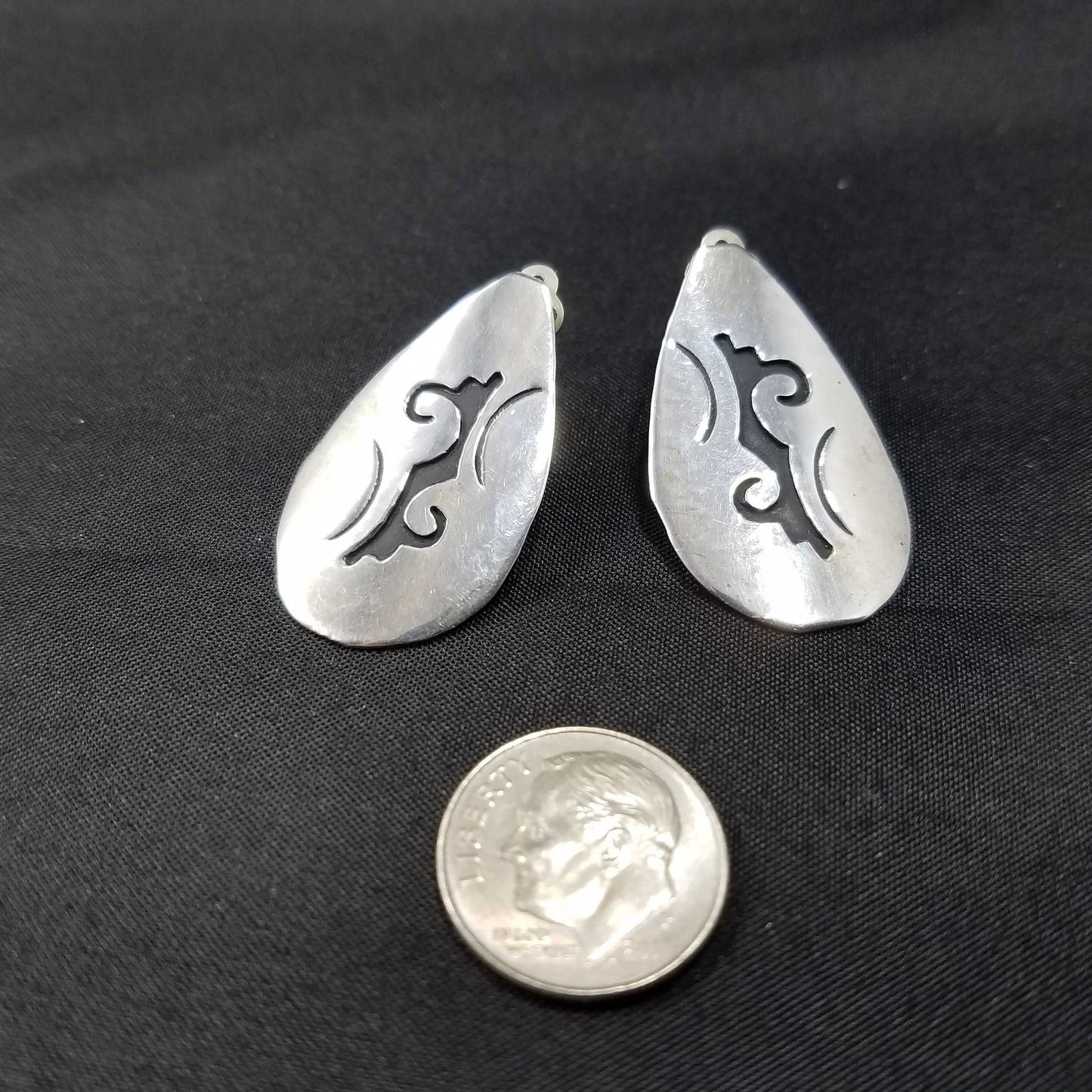 Vintage Navajo T. Billy Sterling Silver Clip Earrings, Black Enamel