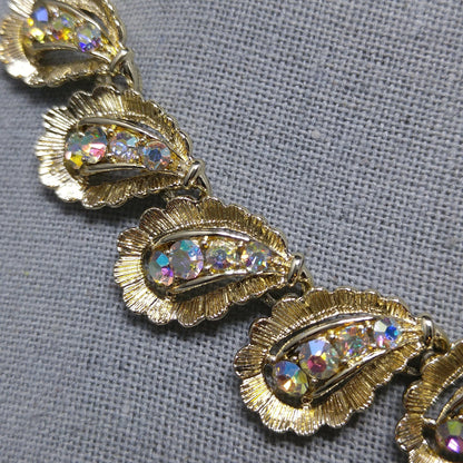 Vintage 1960s Aurora Borealis Rhinestone Gold Plated Choker Necklace 16"