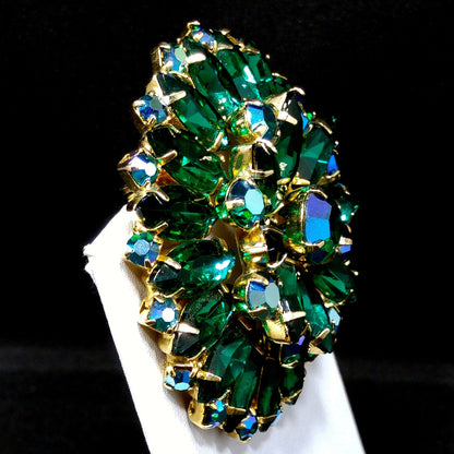 Green Aurora Borealis Rhinestone Brooch, Gold Plated, Two Tier, 1960s Vintage Jewelry