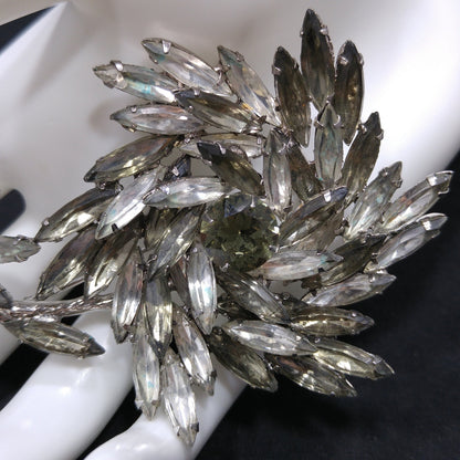 Alice Caviness Large Rhinestone Flower Brooch, Rhodium Plated, 1960s Vintage Jewelry