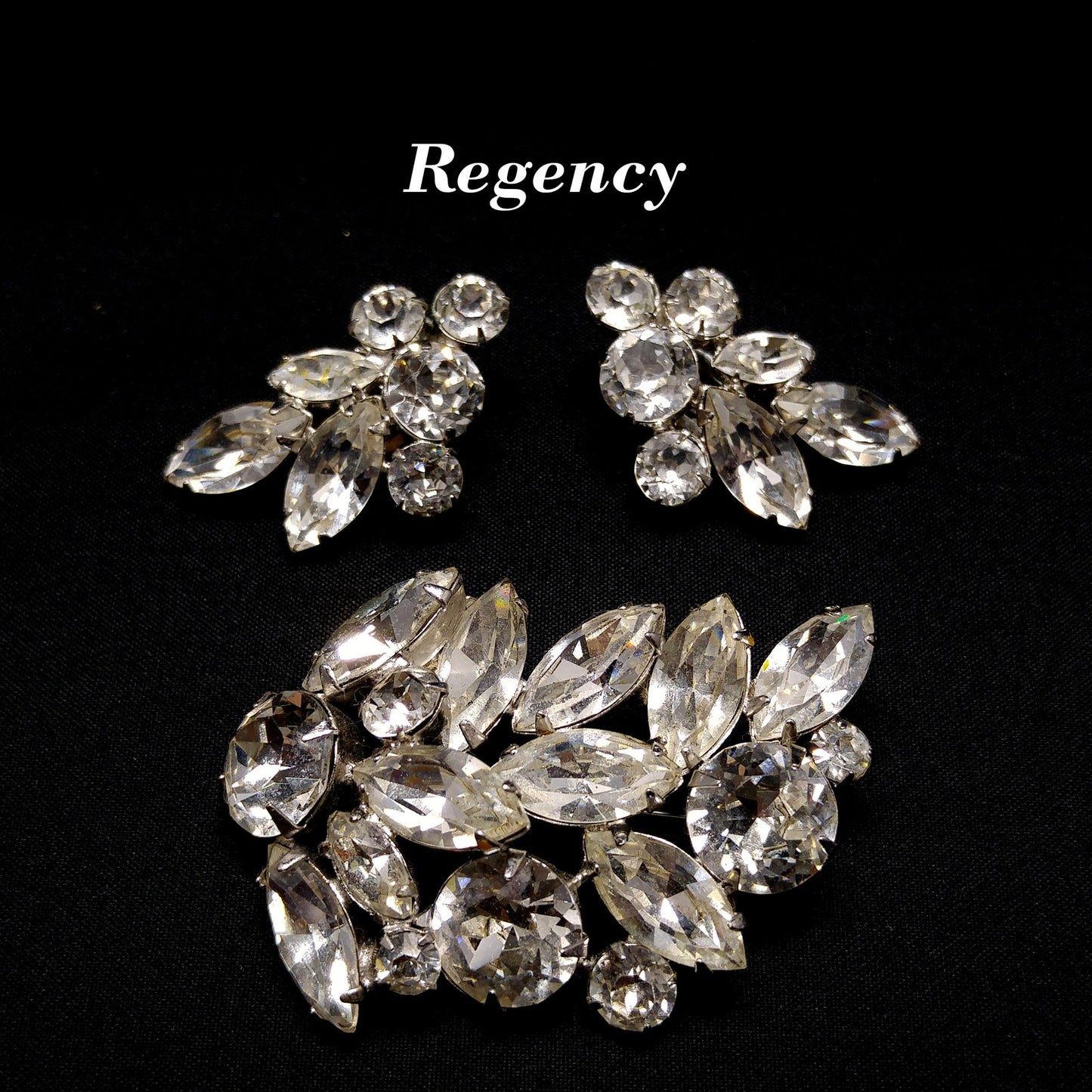 Regency Clear Rhinestone Brooch & Earrings, Rhodium Plated, 1950s Vintage Jewelry