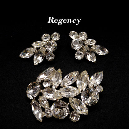 Regency Clear Rhinestone Brooch & Earrings, Rhodium Plated, 1950s Vintage Jewelry