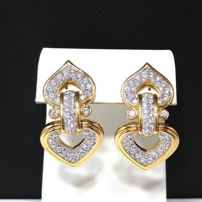 Swarovski Swan Logo Gold Plated Heart Drop Clip Earrings Clear Pave Crystals 90s