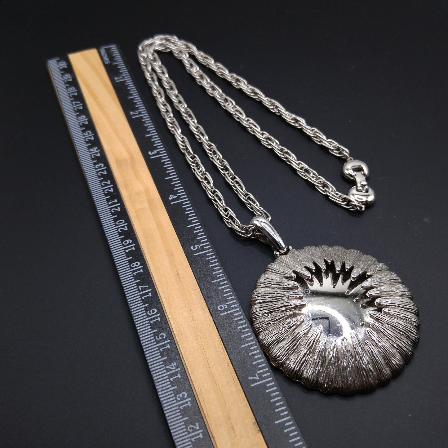 Monet Rhodium Plated Pendant Necklace, Fold Over Clasp, 1960s Vintage Jewelry