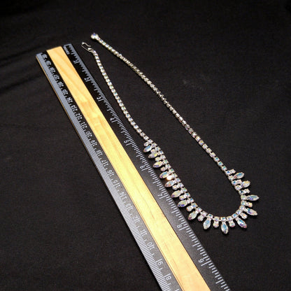 B. David Aurora Borealis Rhinestone Necklace, Rhodium Plated, 1960s Vintage