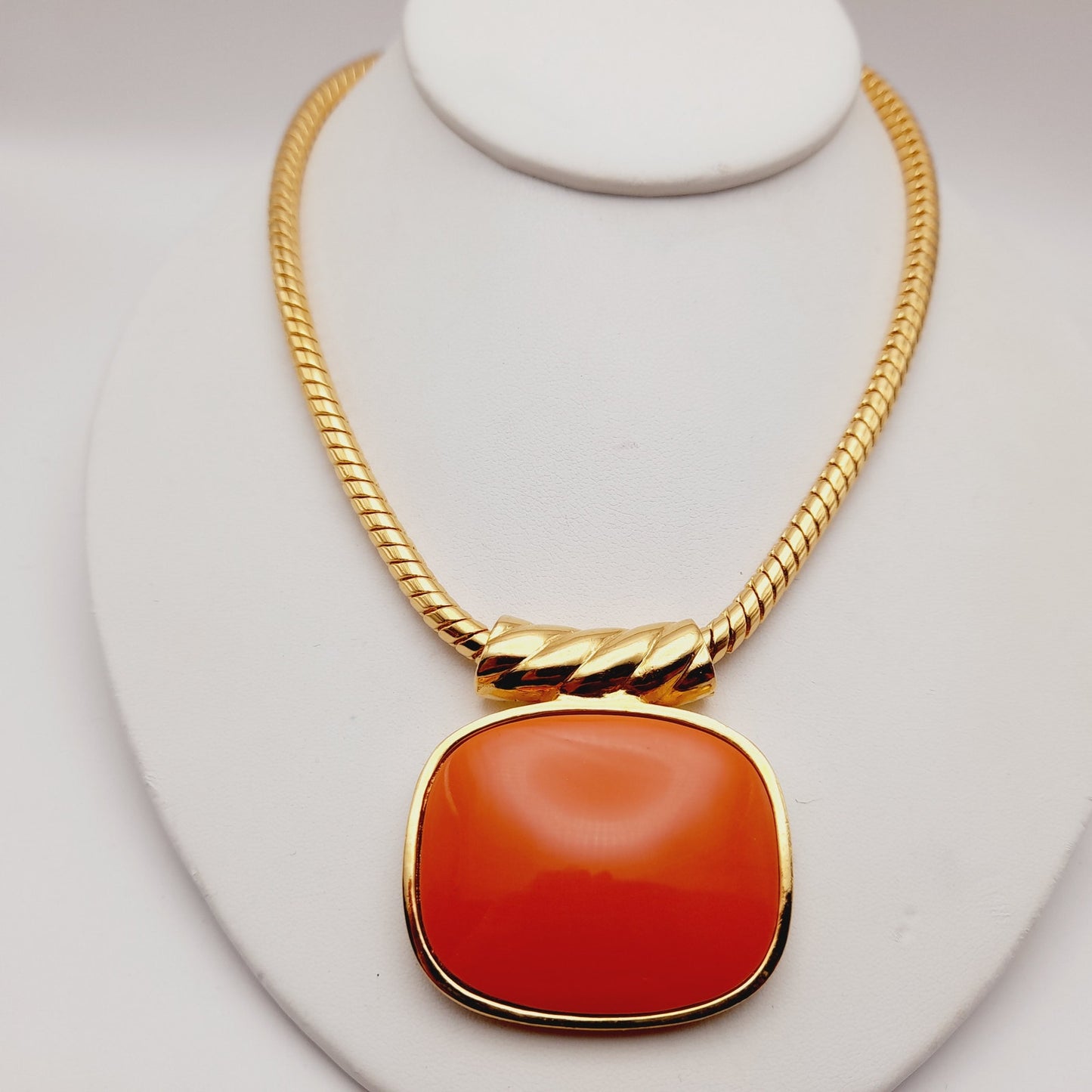 Vintage Joan Rivers Enamel Pendant Necklace & Hoop Earrings Set – Orange Lucite, 1990s Statement Jewelry