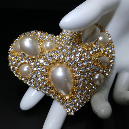Scaasi Heart Faux Pearl Brooch Pendant, Designer Runway Jewelry, 1980s Vintage Jewelry