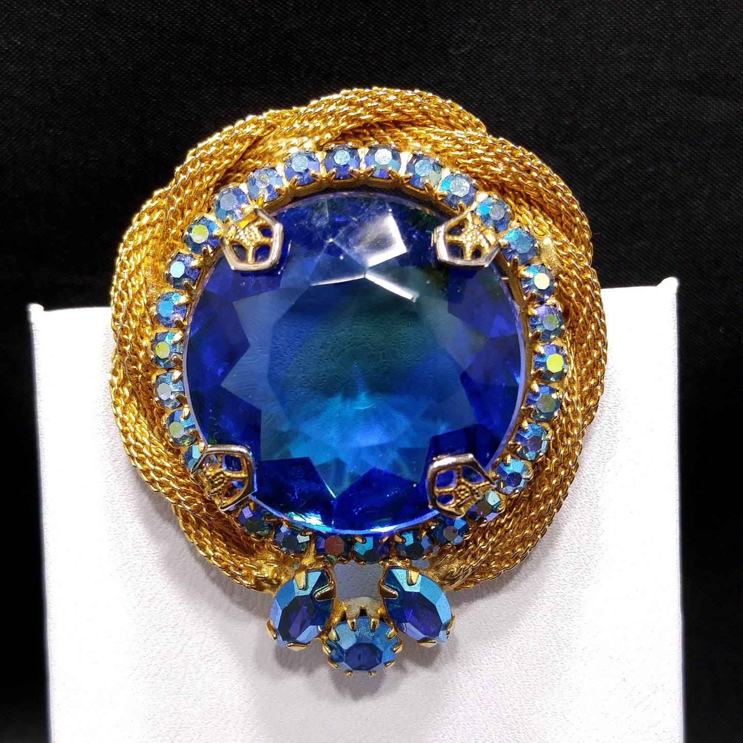 Large Blue Glass & AB Rhinestones Brooch, Gold Plated Mesh Frame, 1960s Vintage Jewelry