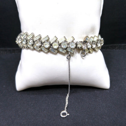 Weiss Clear Rhinestone Bracelet, Rhodium Plating, Safety Chain, 1940s Weiss