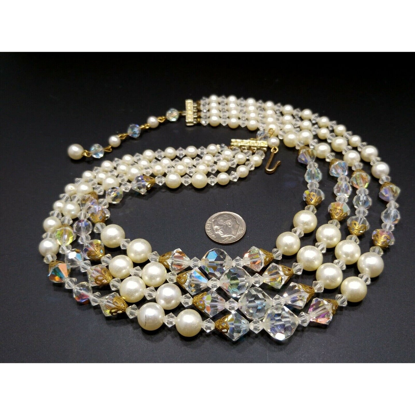 Mid Century AB Crystal Bead Necklace, Faux Pearls, Aurora Borealis, 1960s