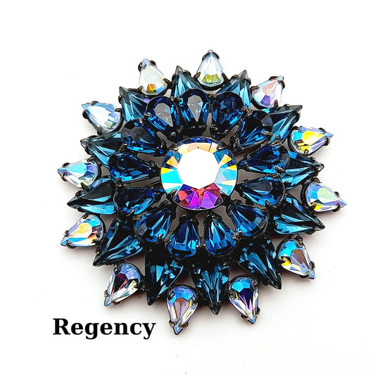 Vintage Regency Blue Aurora Borealis Floral Brooch