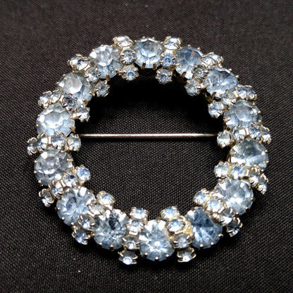 Vintage Weiss Wreath Rhinestone Brooch & Earrings, Light Blue Rhodium Plated