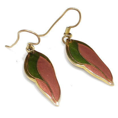 Laurel Burch "Barbee's Blossom" Earrings, Green & Dusty Pink, Gold Plated, 1980s