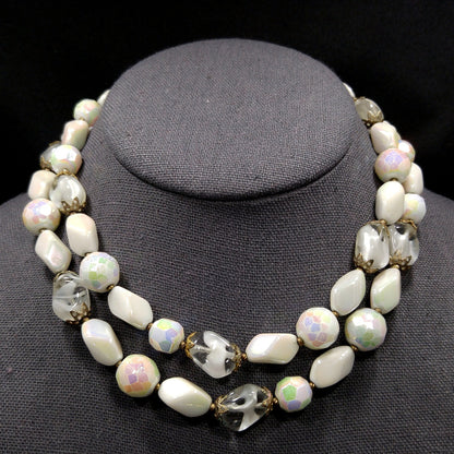 Vintage Czech White Glass Beaded Necklace, Art Glass Beads, 12K GF Clasp, 1950s Vintage Jewelry