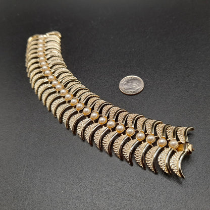 Vintage Kramer Wide Bracelet, Faux Pearls, Gold Plated, 1960s Jewelry