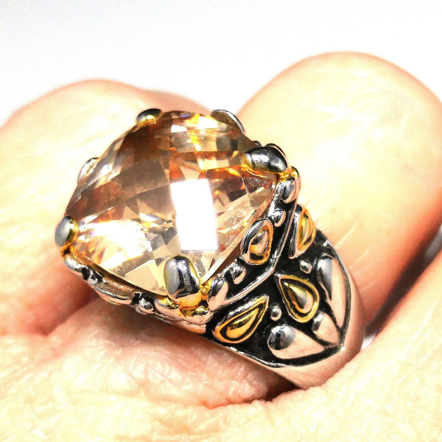 Champagne Gemstone Ring, 18KGE, Vintage Statement Jewelry, Size 8