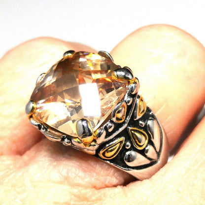 Champagne Gemstone Ring, 18KGE, Vintage Statement Jewelry, Size 8