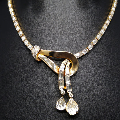 Mazer Rhinestone Choker Necklace & Earrings, Gold Plated, 1940s Vintage Jewelry
