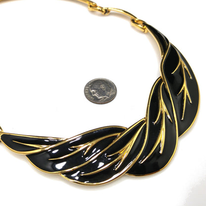 Monet Black Enamel Leaves Choker Necklace, Gold Plated, 1980s Vintage Jewelry