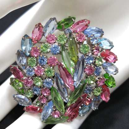 Pastel Rhinestone Floral Brooch, Rhodium Plated, Open Back Stones, 1960s Vintage Jewelry