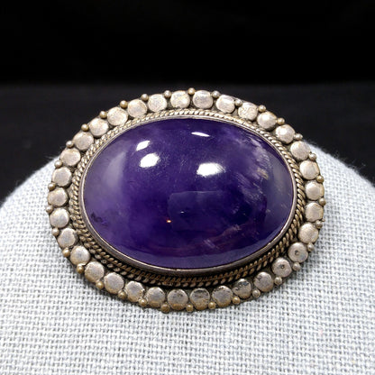 Antique Silver Purple Amethyst Brooch, Stamped 925, C Clasp, 1920s Vintage Jewelry