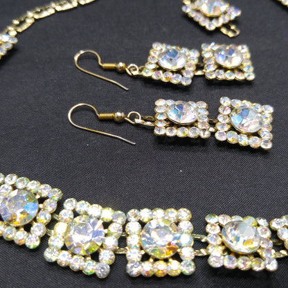 Vintage 1960s Aurora Borealis Rhinestone Necklace & Earrings Set – Square Links