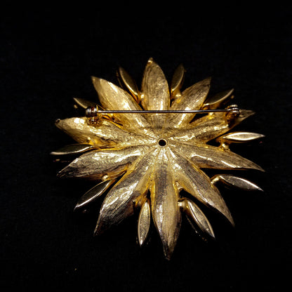 Pink Aurora Borealis Flower Brooch, Gold Plated, Light Dark Pink Rhinestones, 1960s Vintage Jewelry