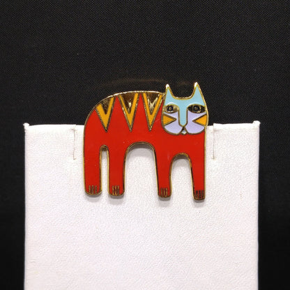 Laurel Burch "Magicat" Red Cat Brooch, Gold Plated Cloisonne Enamel, 1980s Vintage Jewelry