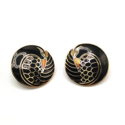 Laurel Burch "Mynah Bird" Black Clip Earrings, Gold Plated, 1980s Vintage