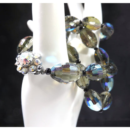 Vintage Chess Oval Aurora Borealis Crystal Beaded Necklace, Rhinestone Clasp, 1960s Vintage Jewelry