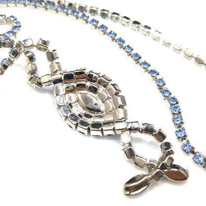 Mid Century Blue Rhinestone Rhodium Plated Necklace, Light & Dark Blue Rhinestones, 1960s Vintage Jewelry