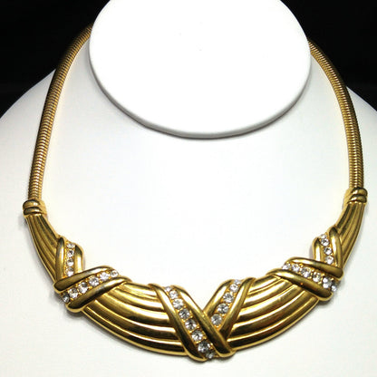 Monet Rhinestone Necklace, Gold Plated Snake Chain, 1960s Vintage Jewelry